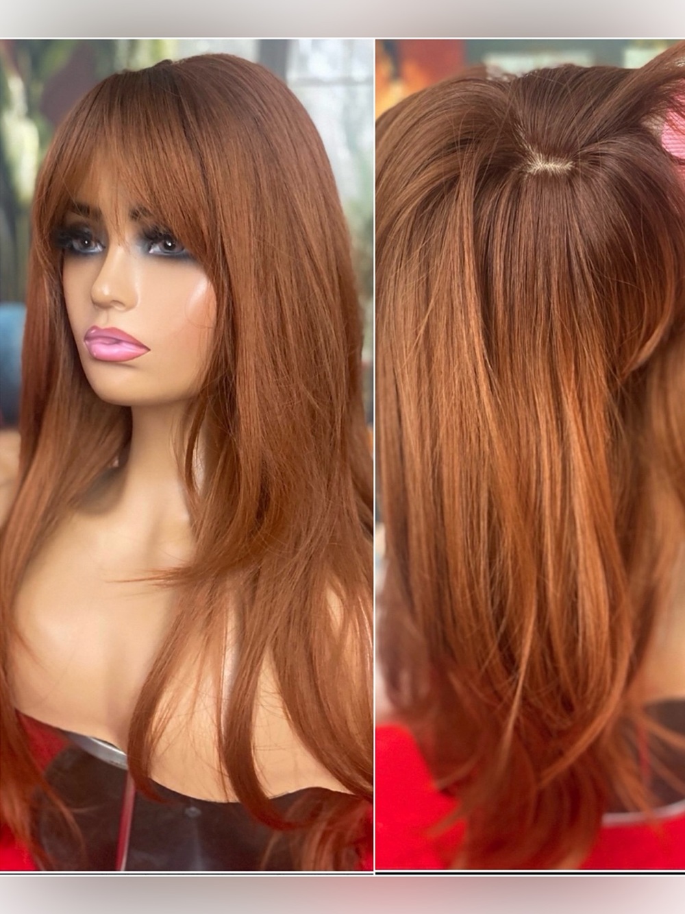 realistic redhead Long ginger wig with bangs and subtle roots